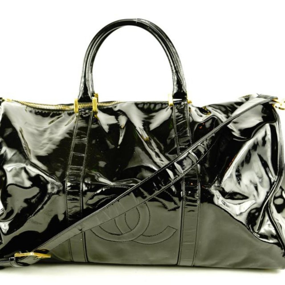 Chanel Large Black Patent CC Logo Duffle Bag with Strap 1C103a